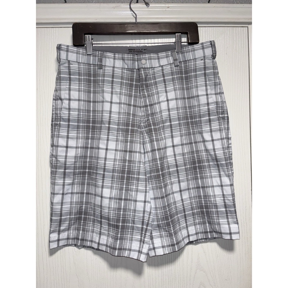Nike Golf Tour Performance Chino Shorts Plaid Flat Front Dri-Fit Men's 34 Gray